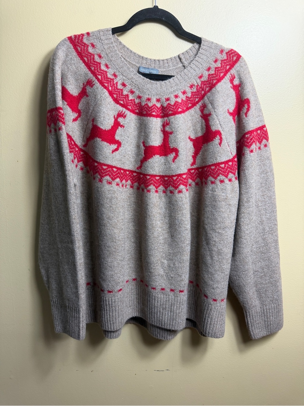 Vince Camuto Fair Isle Reindeer Holiday Christmas Sweater Beige Red XXL
